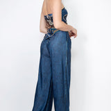 Denim Effect Elastic Strapless Top & Wide Pants Set
