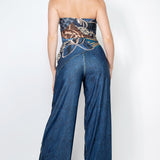 Denim Effect Elastic Strapless Top & Wide Pants Set