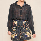 Denim Effect Chiffon Blouse & Skirt Set