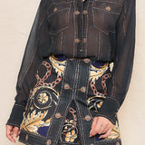 Denim Effect Chiffon Blouse & Skirt Set