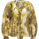Leopard Balloon Sleeves Tie Neck Blouse(TOP ONLY)