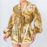 Leopard Balloon Sleeves Tie Neck Blouse(TOP ONLY)