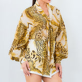 Leopard Balloon Sleeves Tie Neck Blouse(TOP ONLY)