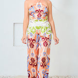 Satin Halter Scarf Top & Wide Pants Set