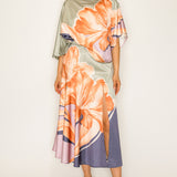 Satin Floral Print Blouse & Slit skirt Two-Piece Set