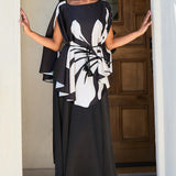 Oversized Floral Print Satin Cape Blouse (TOP ONLY)