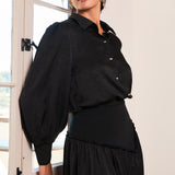 Classic Collared Puff-Sleeve Blouse With Ribbed Waist