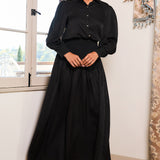 Classic Collared Puff-Sleeve Blouse With Ribbed Waist