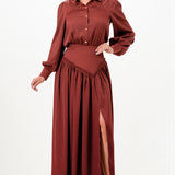 Classic Collared Puff-Sleeve Blouse With Ribbed Waist