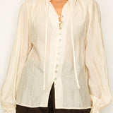 Button-Front Tie Neck Blouse
