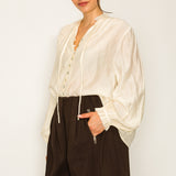 Button-Front Tie Neck Blouse