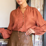 Button-Front Tie Neck Blouse