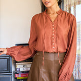 Button-Front Tie Neck Blouse