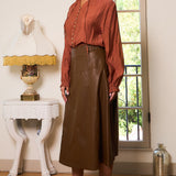 Button-Front Tie Neck Blouse