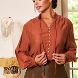 Button-Front Tie Neck Blouse