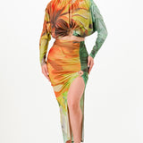 Ruched Long Sleeve Crop Top & Slit Skirt Set