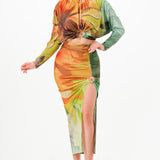 Ruched Long Sleeve Crop Top & Slit Skirt Set