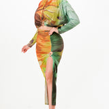 Ruched Long Sleeve Crop Top & Slit Skirt Set