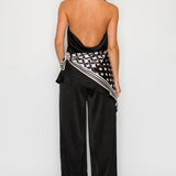 Halter Neck Top & Wide Leg Pants Set with Printed Scarf