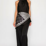 Halter Neck Top & Wide Leg Pants Set with Printed Scarf