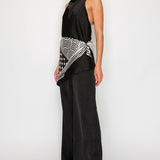Halter Neck Top & Wide Leg Pants Set with Printed Scarf