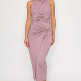 Metal Accent Halter Neck Top & Midi Skirt Set