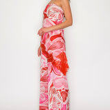 Strapless Printed Top with Lace & Wide-Leg Pants