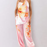 Floral Chain Strap Draped Halter Top & Jogger Pants Set