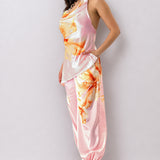 Floral Chain Strap Draped Halter Top & Jogger Pants Set