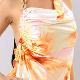 Floral Chain Strap Draped Halter Top & Jogger Pants Set