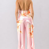 Floral Chain Strap Draped Halter Top & Jogger Pants Set