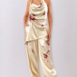Floral Chain Strap Draped Halter Top & Jogger Pants Set