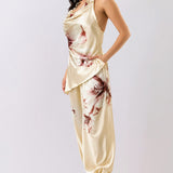 Floral Chain Strap Draped Halter Top & Jogger Pants Set