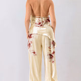 Floral Chain Strap Draped Halter Top & Jogger Pants Set