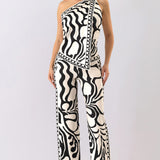 Abstract Print One-Shoulder Scarf Top & Wide-Leg Pants Set