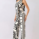 Abstract Print One-Shoulder Scarf Top & Wide-Leg Pants Set