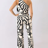 Abstract Print One-Shoulder Scarf Top & Wide-Leg Pants Set
