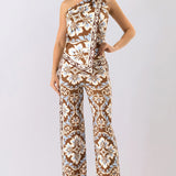 Floral One-Shoulder Scarf Top & Wide-Leg Pants Set