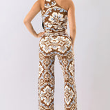 Floral One-Shoulder Scarf Top & Wide-Leg Pants Set