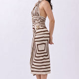 Geometric Print Halter Top & Ruched Midi Skirt Set with Metal Accent