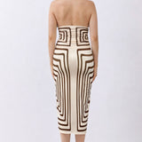 Geometric Print Halter Top & Ruched Midi Skirt Set with Metal Accent