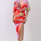 Short Dolman Sleeve Cropped Top & Ruched Slit Skirt Two-Piece Set