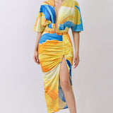 Short Dolman Sleeve Cropped Top & Ruched Slit Skirt Two-Piece Set