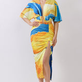Short Dolman Sleeve Cropped Top & Ruched Slit Skirt Two-Piece Set
