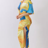Short Dolman Sleeve Cropped Top & Ruched Slit Skirt Two-Piece Set