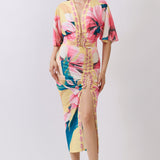 Short Dolman Sleeve Cropped Top & Ruched Slit Skirt Two-Piece Set