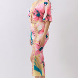 Short Dolman Sleeve Cropped Top & Ruched Slit Skirt Two-Piece Set