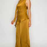 Draped Halter Top & Satin Wide Leg Pants