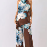 Floral Halter Top & Wide-Leg Pants Set