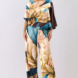 Floral Satin Blouse & Wide Pants Set